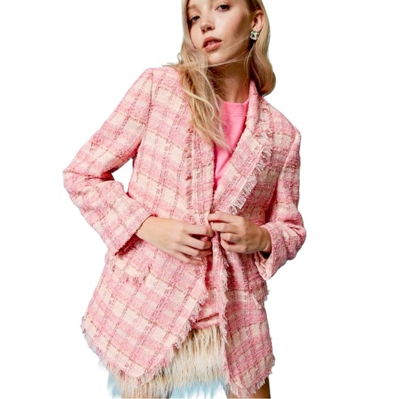 TWINSET ACTITUDE Jacquard Check Boucle Tweed Lurex Fringe Boyfriend Fit Blazer - Picture 6 of 16